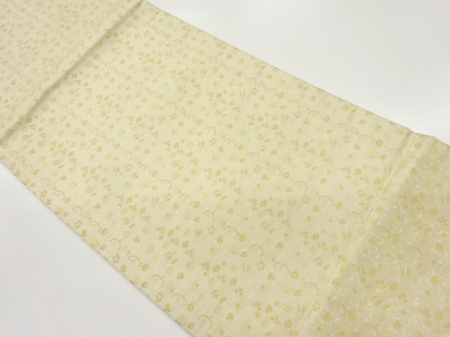 方に花唐草・鱗模様織出し開き名古屋帯（額縁仕立て）